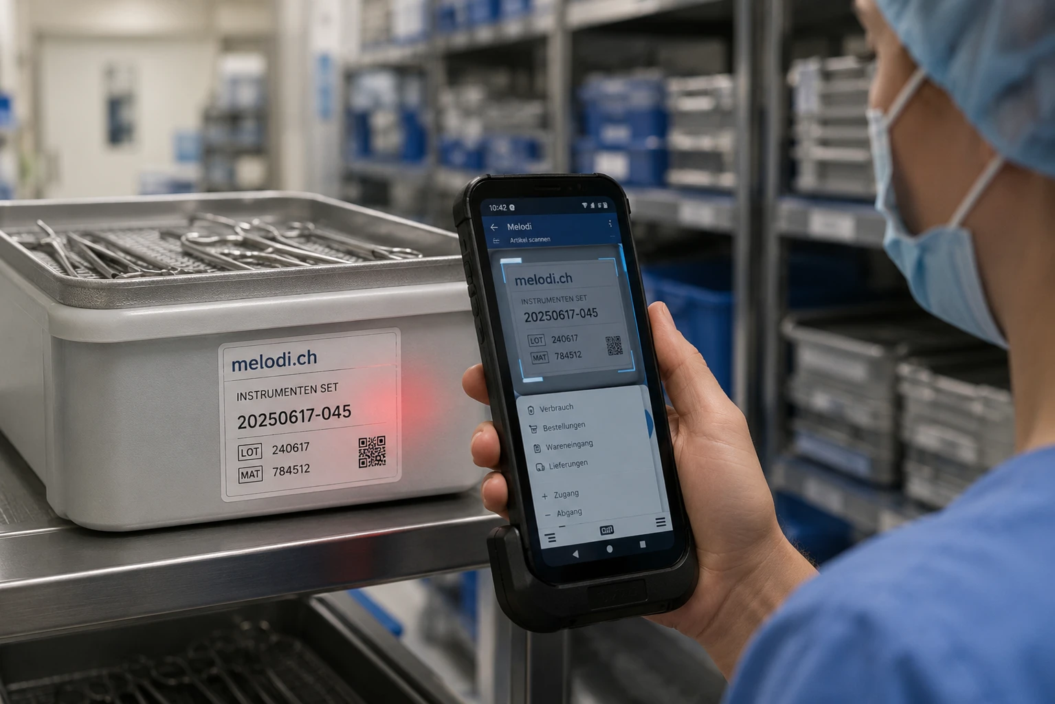 Fachperson scannt ein Instrumentenset mit der Melodi App