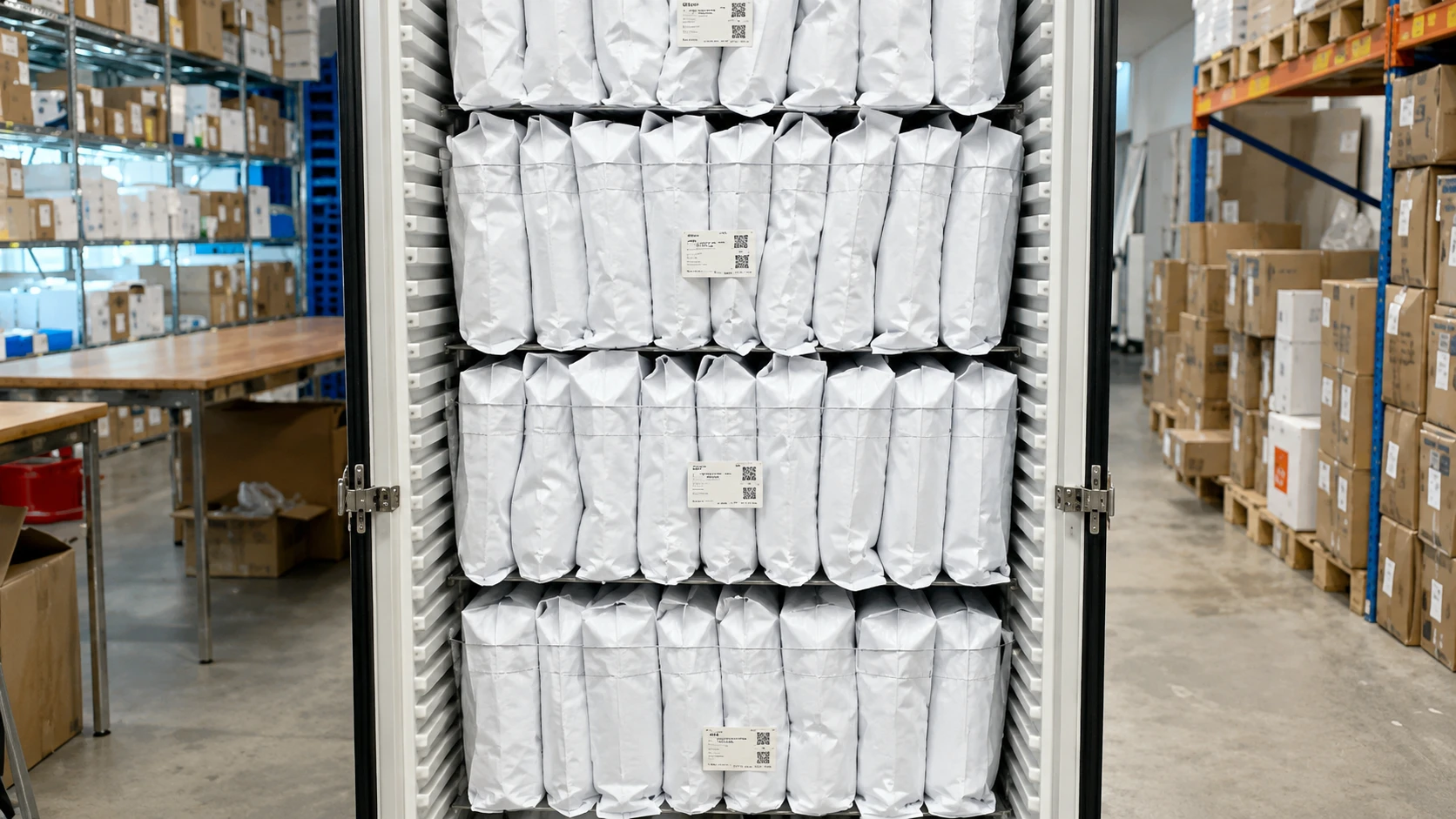 Schrankfertig kommissionierter Rollschrank im Melodi Lager