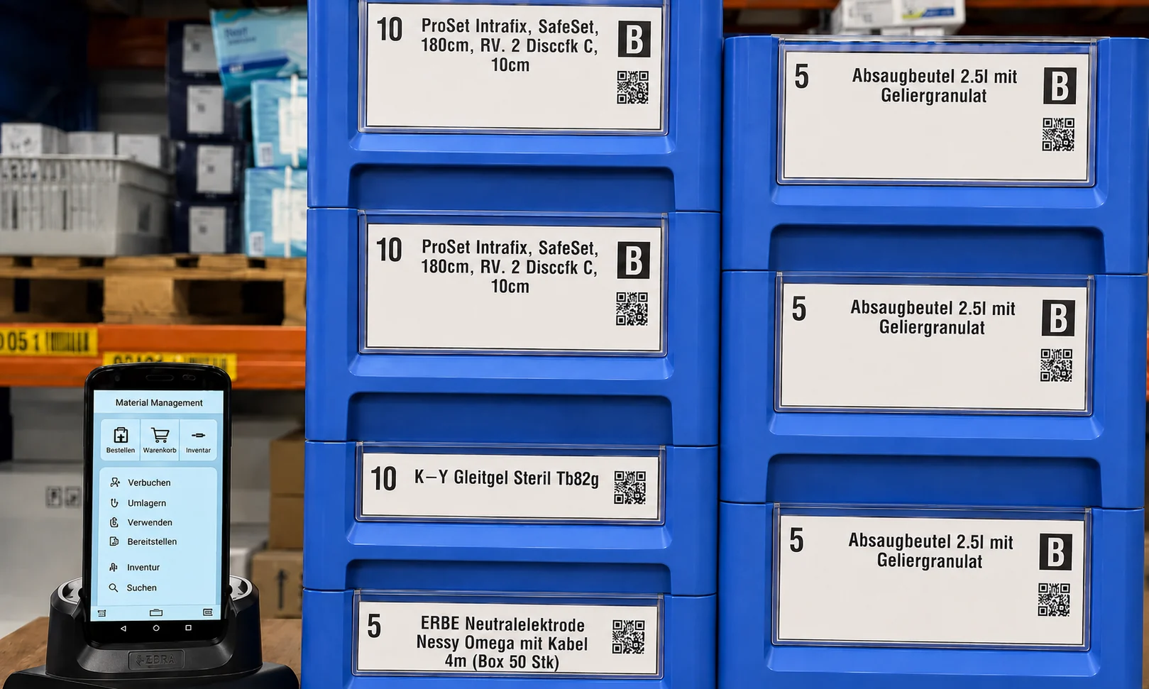 2-Bin-Behälter mit QR-Etiketten und Handscanner